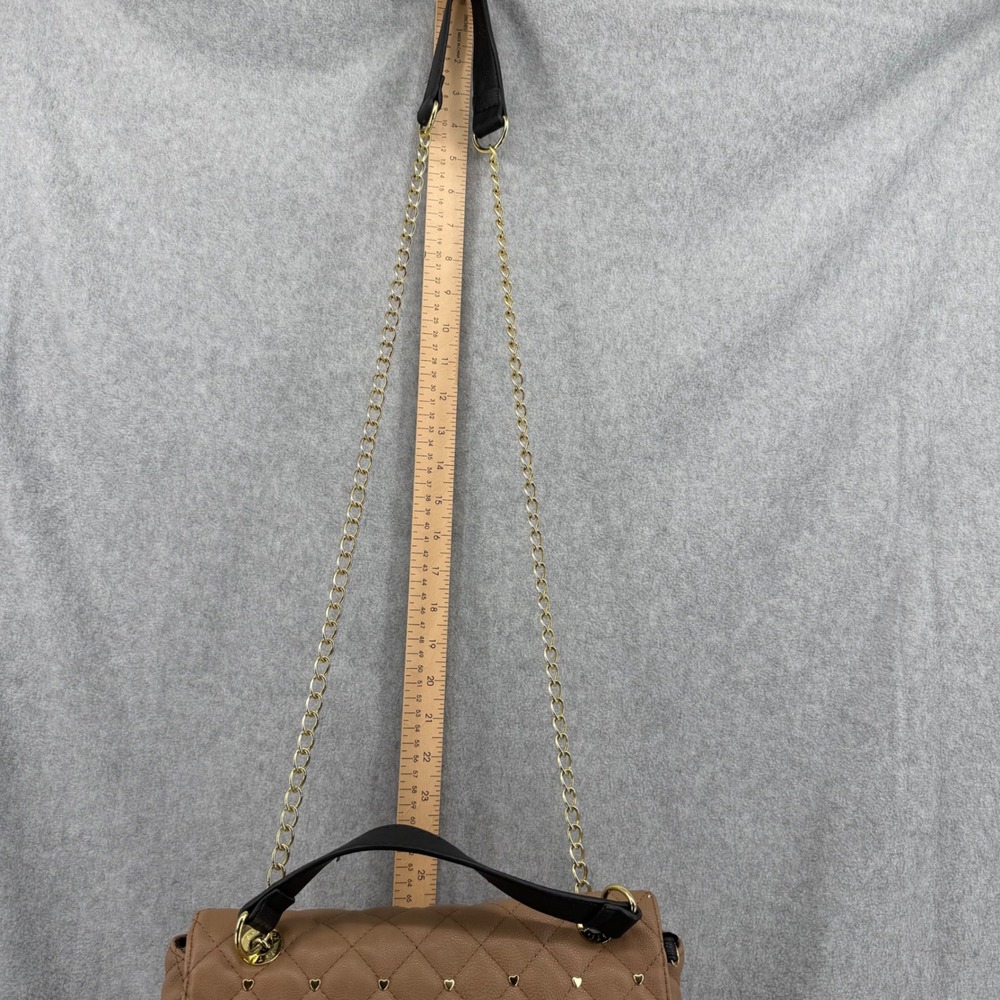Betsey Johnson Tan Quilted Heart Studded Shoulder Bag Gold Chain Adjust Strap - Picture 12 of 16